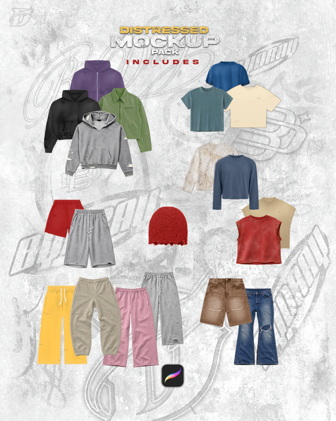 Distressed Mockup Pack | 200+ MOCKUPS (Distressed hoodie, 3/4 shorts, beanies & More)